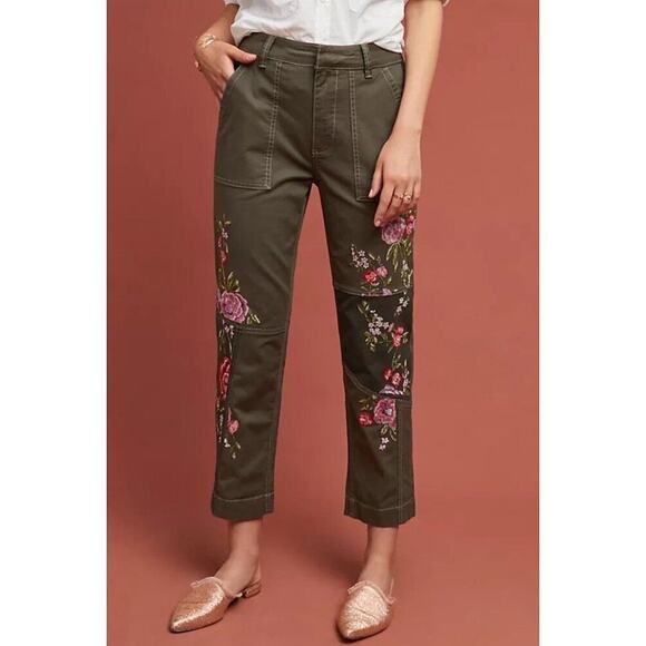 Anthropologie Floral Embroidered Utility Pants Size 27 Green Cropped Boho Spring - Picture 1 of 16